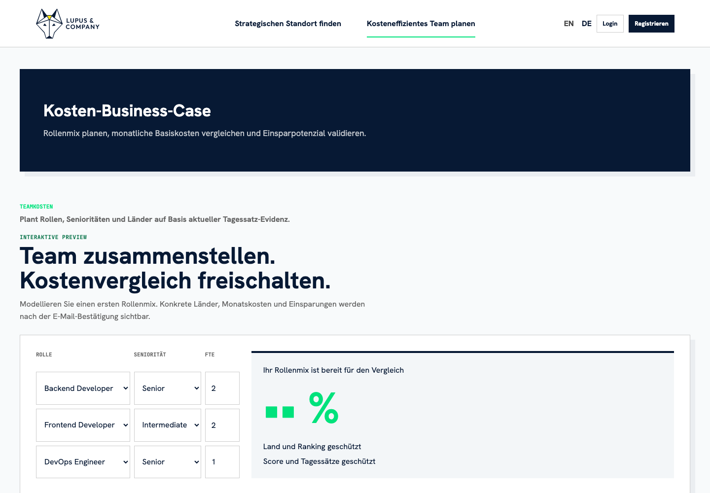 Team Cost Planning im Lupus Sourcing Cockpit mit Rollenmix und Kostenvergleich